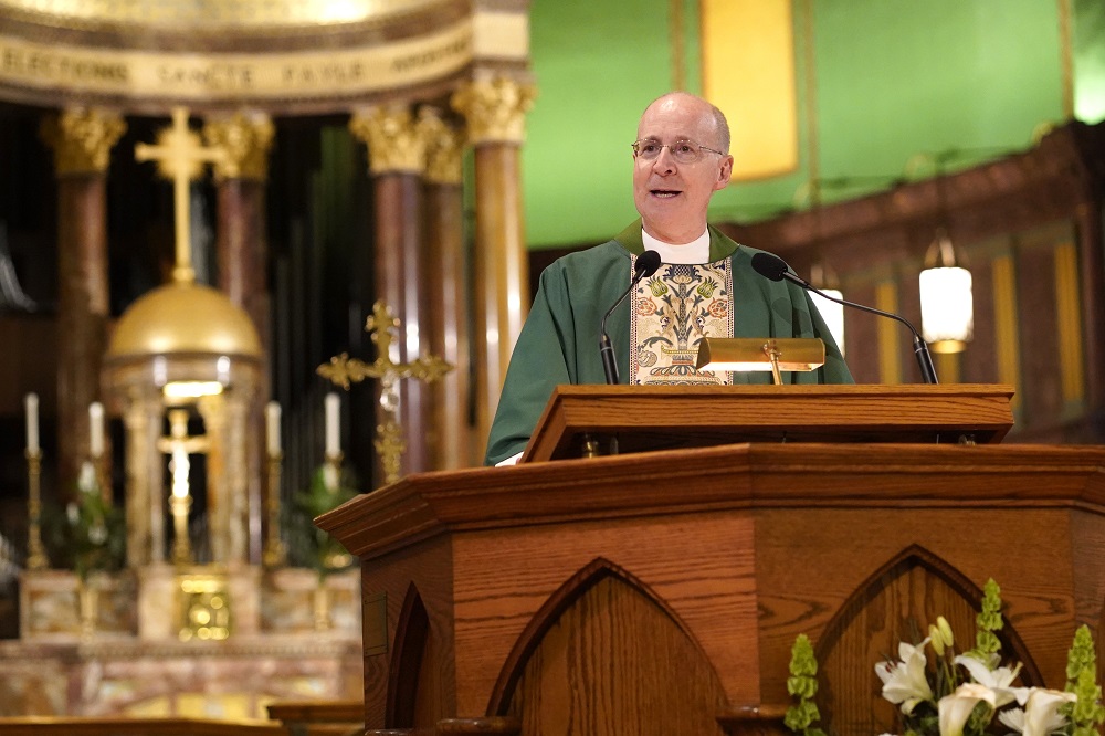 Jesuit Fr. James Martin delivers the homily during the closing Mass for the Outreach LGBTQ Catholic Ministry Conference at the Church of St. Paul the Apostle in New York City, June 18, 2023. Martin was among those chosen by Pope Francis to be participants in the upcoming synod. (OSV News/Gregory A. Shemitz)