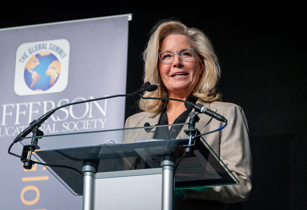 Former Wyoming Republican Rep. Liz Cheney addresses the crowd during an event at the Bayfront Convention Center, Oct. 17 in Erie, Pennsylvania. (NCR photo/ Rick Klein)