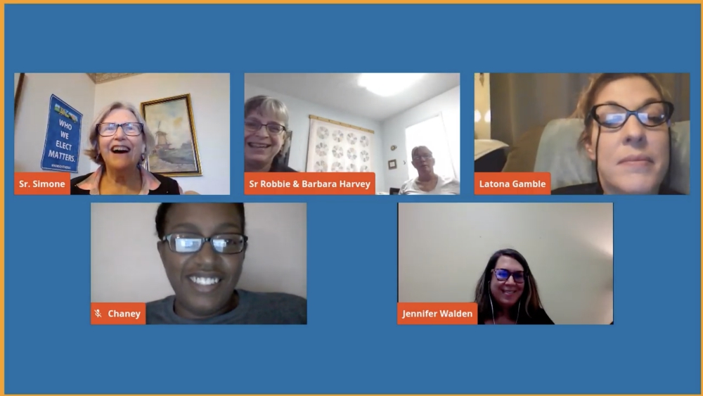 Social Service Sr. Simone Campbell of Network, top left, during a virtual Nuns on the Bus visit with the New Opportunity School for Women in Berea, Kentucky (GSR screenshot) Social Service Sr. Simone Campbell of Network, top left, during a virtual Nuns on the Bus visit with the New Opportunity School for Women in Berea, Kentucky (GSR screenshot)
