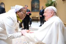 Sr. Jane Wakahiu, a member of the Institute of the Little Sisters of Saint Francis, Kenya, and associate vice president for program operations and head of Catholic Sisters for the Conrad N. Hilton Foundation, meets with Pope Francis at the Vatican in January. (Courtesy of Hilton Foundation)