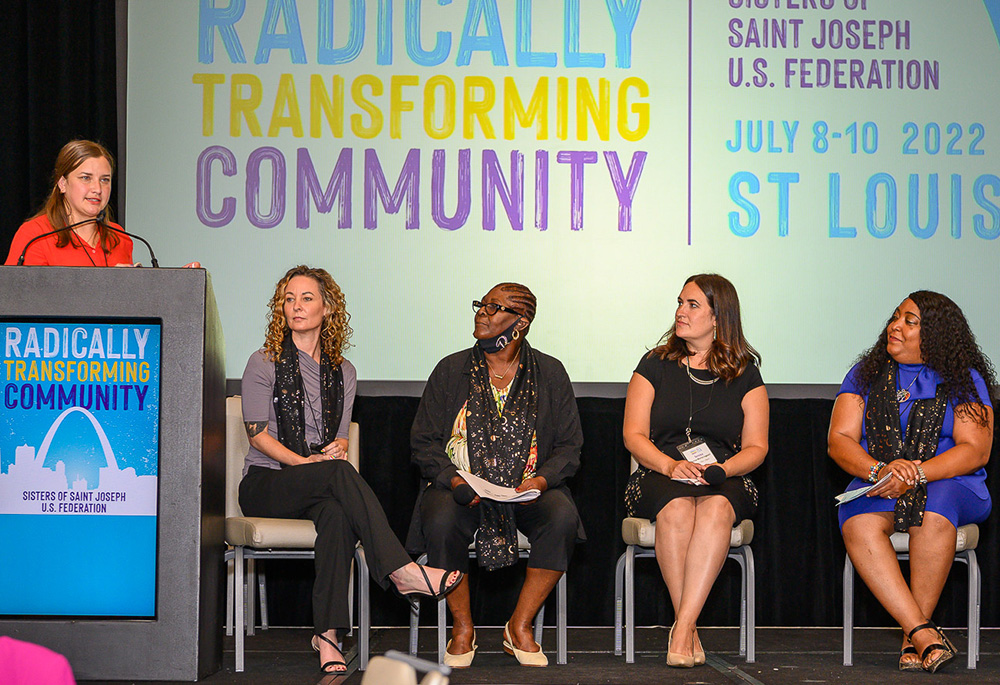Panelists discuss injustices within the U.S. prison system at Event 2022, held July 8-10 in St. Louis, Missouri. Pictured (from left) are Lisa Cathelyn, April Foster, Barb Baker, Serena Martin-Liguori and Shameka Parrish-Wright. (Mary Sue Rosenthal Gee) Panelists discuss injustices within the U.S. prison system at Event 2022, held July 8-10 in St. Louis, Missouri. Pictured (from left) are Lisa Cathelyn, April Foster, Barb Baker, Serena Martin-Liguori and Shameka Parrish-Wright. (Mary Sue Rosenthal Gee)