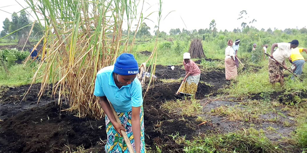 Novices, professed sisters and students work in the volcanic soil in the fields of Goma, Congo. (Courtesy of Pétronille Chibelushi Tisa) Novices, professed sisters and students work in the volcanic soil in the fields of Goma, Congo. (Courtesy of Pétronille Chibelushi Tisa)