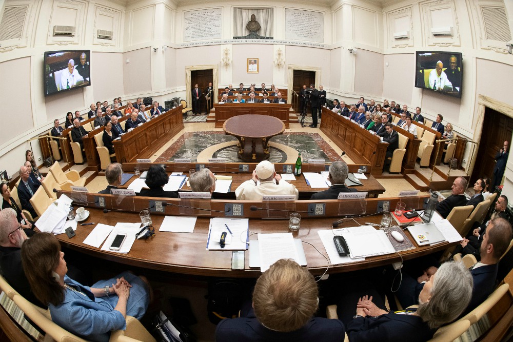 Pope Francis speaks to executives of leading energy, petroleum and natural gas companies, leaders in investment firms and climate scientists during a meeting at the Vatican June 14, 2019. (CNS/Vatican Media) Pope Francis speaks to executives of leading energy, petroleum and natural gas companies, leaders in investment firms and climate scientists during a meeting at the Vatican June 14, 2019. (CNS/Vatican Media)