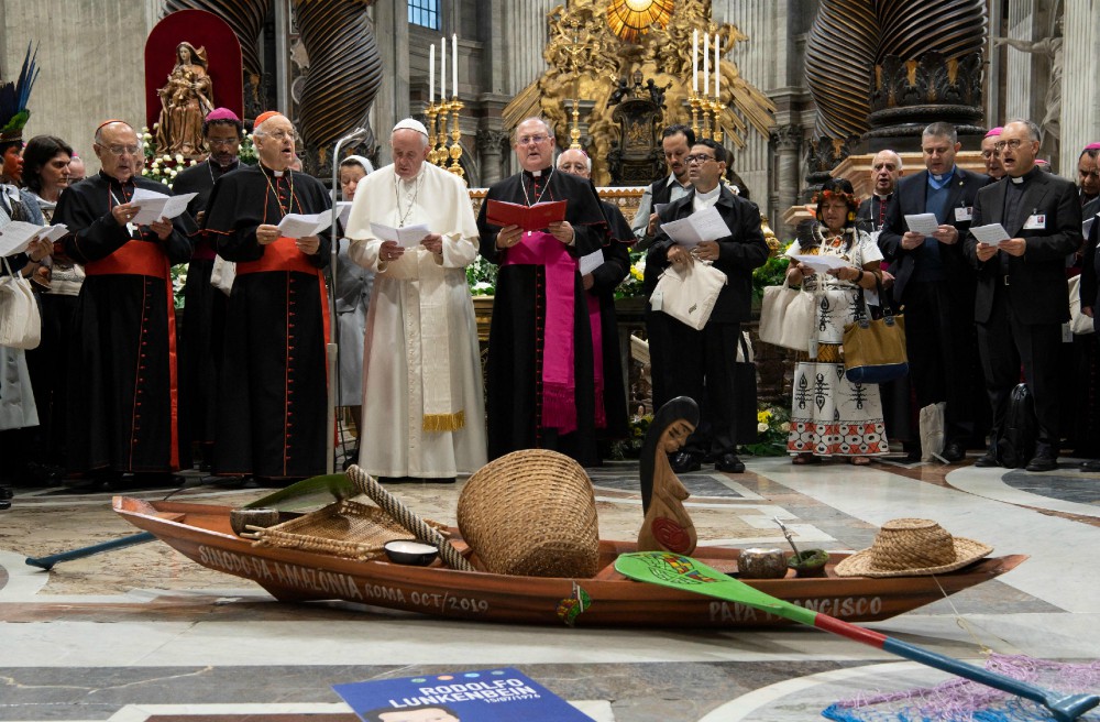 Pope Francis attends a prayer service at the start of the first session Synod of Bishops for the Amazon at the Vatican Oct. 7, 2019. (CNS/Vatican Media) Pope Francis attends a prayer service at the start of the first session Synod of Bishops for the Amazon at the Vatican Oct. 7, 2019. (CNS/Vatican Media)