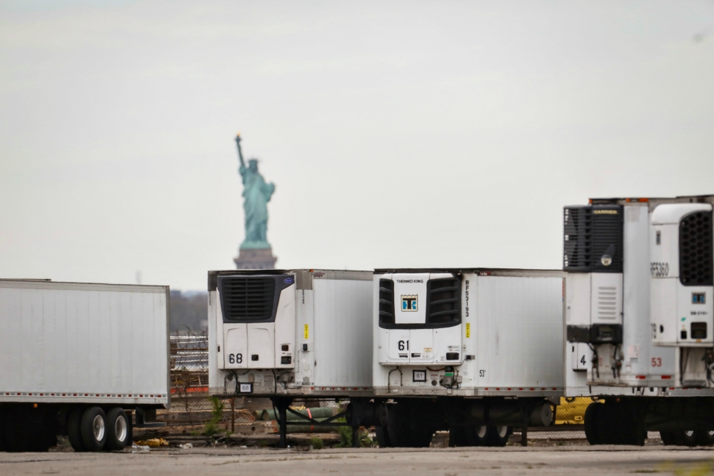 Temporary morgues in New York City are seen May 5 during the COVID-19 pandemic. (CNS / Reuters / Brendan McDermid) Temporary morgues in New York City are seen May 5 during the COVID-19 pandemic. (CNS / Reuters / Brendan McDermid)