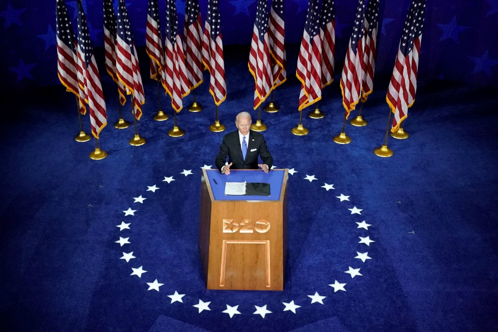 Democratic presidential candidate Joe Biden delivers a speech from Wilmington, Delaware, Aug. 20 during the virtual Democratic National Convention. (CNS/Reuters/Kevin Lamarque) Democratic presidential candidate Joe Biden delivers a speech from Wilmington, Delaware, Aug. 20 during the virtual Democratic National Convention. (CNS/Reuters/Kevin Lamarque)