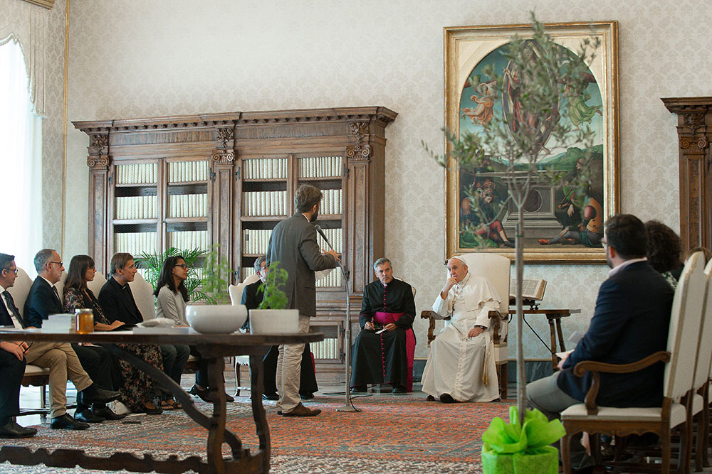 Pope Francis meets with a group of clergy and laypeople advising the French bishops' conference on ecological policies and on promoting the teaching in his encyclical Laudato Si' Sept. 3, 2020, in the library of the Apostolic Palace at the Vatican. (CNS) Pope Francis meets with a group of clergy and laypeople advising the French bishops' conference on ecological policies and on promoting the teaching in his encyclical Laudato Si' Sept. 3, 2020, in the library of the Apostolic Palace at the Vatican. (CNS)