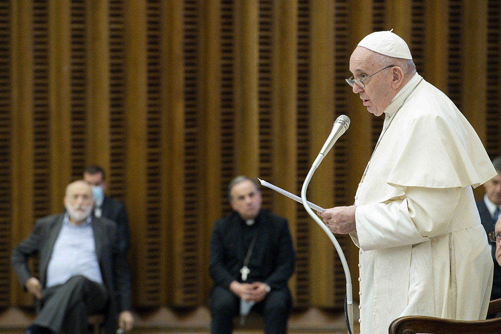 Pope Francis speaks during a Sept. 12, 2020, meeting with members of the Laudato Si' Communities in the Paul VI audience hall at the Vatican. (CNS/Vatican Media) Pope Francis speaks during a Sept. 12, 2020, meeting with members of the Laudato Si' Communities in the Paul VI audience hall at the Vatican. (CNS/Vatican Media)