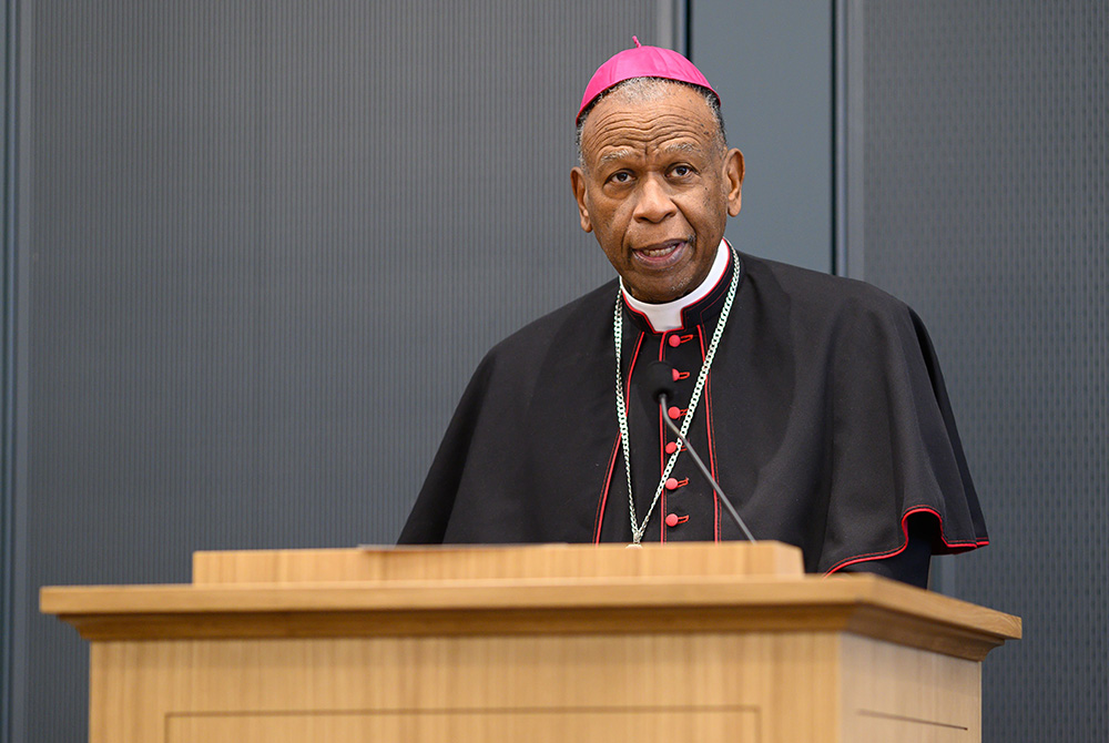 Retired Bishop Edward Braxton of Belleville, Illinois, at the 31st annual meeting of the Black Catholic Theological Symposium Retired Bishop Edward Braxton of Belleville, Illinois, gives a lecture on "The Catholic Church and the Racial Divide in the United States" Oct. 7, at the University of Notre Dame during the 2021 meeting of the Black Catholic Theological Symposium. (CNS)