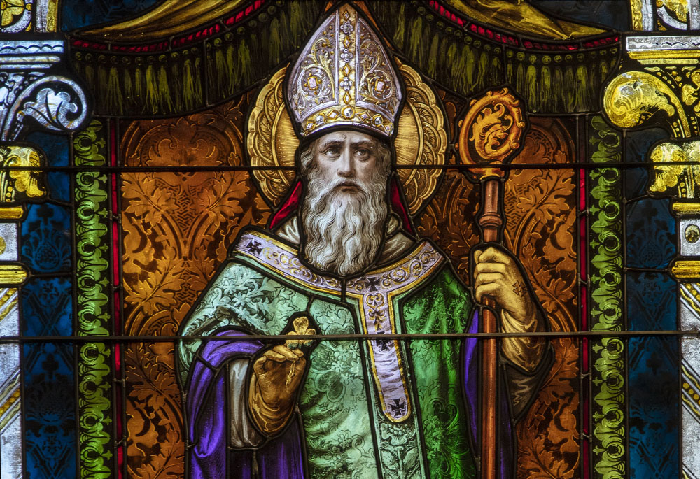 St. Patrick depicted in stained glass at St. Boniface Church in San Francisco. (CNS/Octavio Duran) St. Patrick depicted in stained glass at St. Boniface Church in San Francisco. (CNS/Octavio Duran)