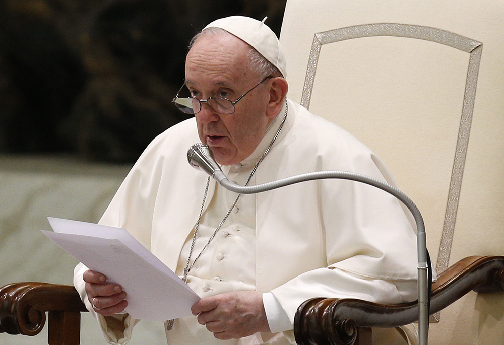 Pope Francis recites a prayer, "Forgive us for the war, Lord," composed by Italian Archbishop Domenico Battaglia of Naples, during his general audience in the Paul VI hall March 16 at the Vatican. (CNS/Paul Haring) Pope Francis recites a prayer, "Forgive us for the war, Lord," composed by Italian Archbishop Domenico Battaglia of Naples, during his general audience in the Paul VI hall March 16 at the Vatican. (CNS/Paul Haring)