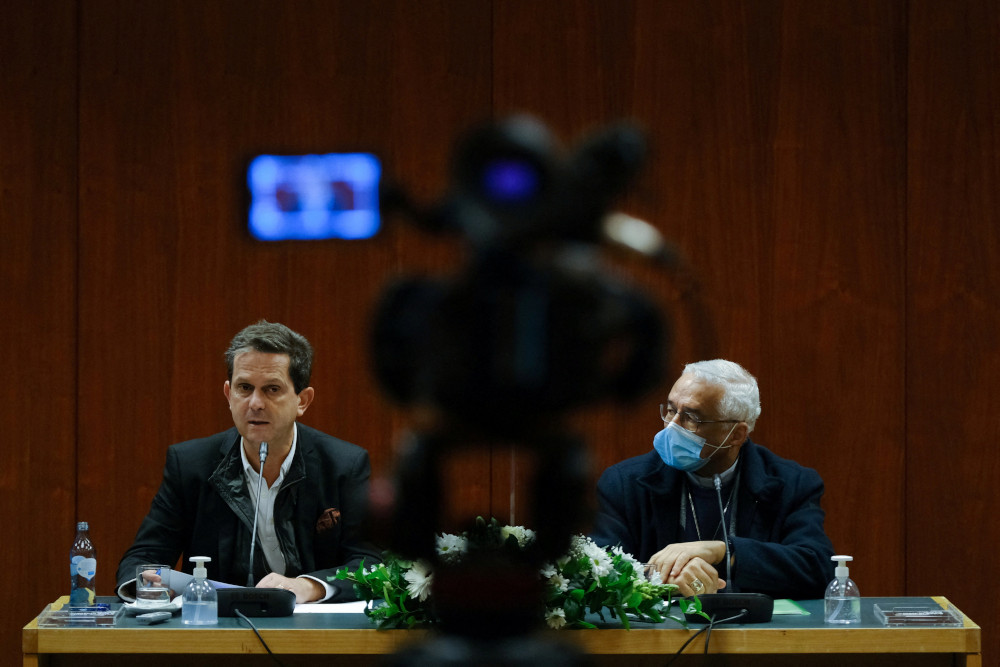Portuguese psychiatrist Pedro Strecht and Bishop José Ornelas Carvalho of Leiria-Fatima, president of the Portuguese bishops' conference
