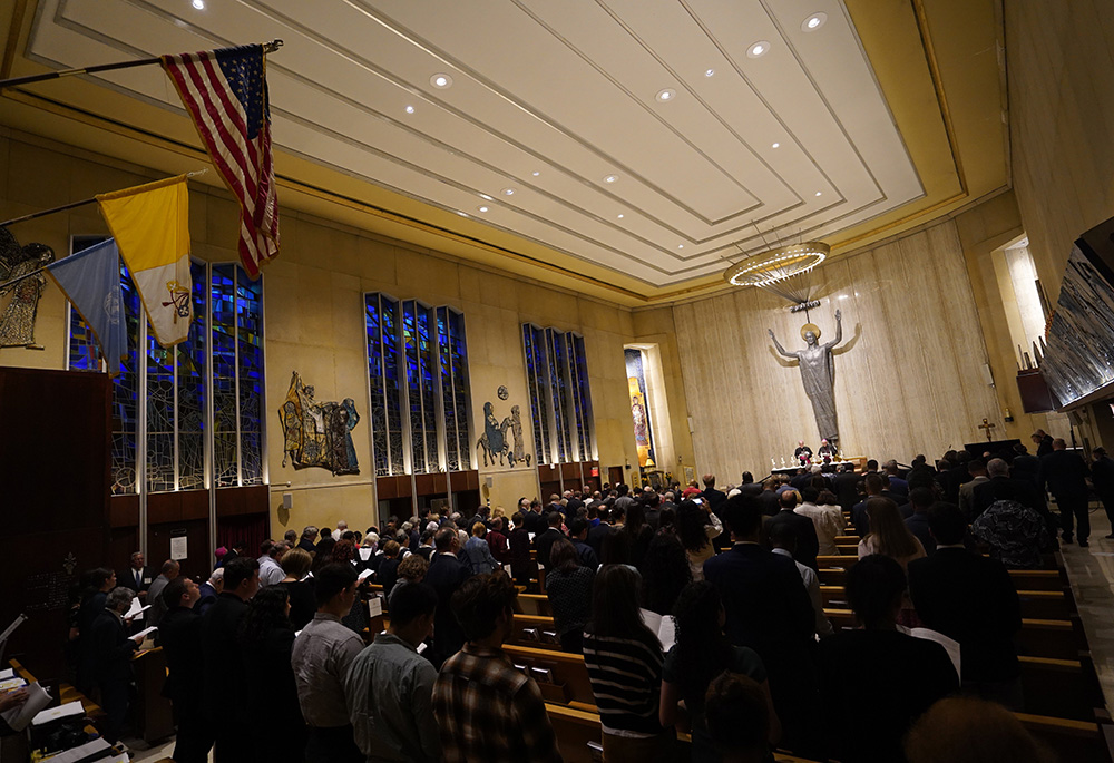 United Nations diplomats and other guests gather for a prayer service Sept. 12 at the Church of the Holy Family in New York City. (CNS/Gregory A. Shemitz) United Nations diplomats and other guests gather for a prayer service Sept. 12 at the Church of the Holy Family in New York City. (CNS/Gregory A. Shemitz)