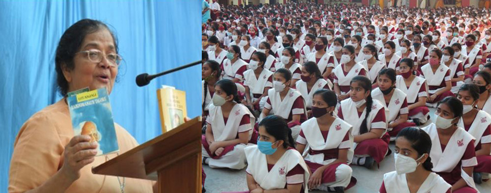 Ursuline Sr. Tisy Jose brings home to her students the preciousness of life described in two books: Gitanjali by Rabindranath Tagore, the poet-mystic of India, and the story of Ursuline Mother Brigida who nurtured the lives of girl children with value-based education. (Courtesy of Tisy Jose)