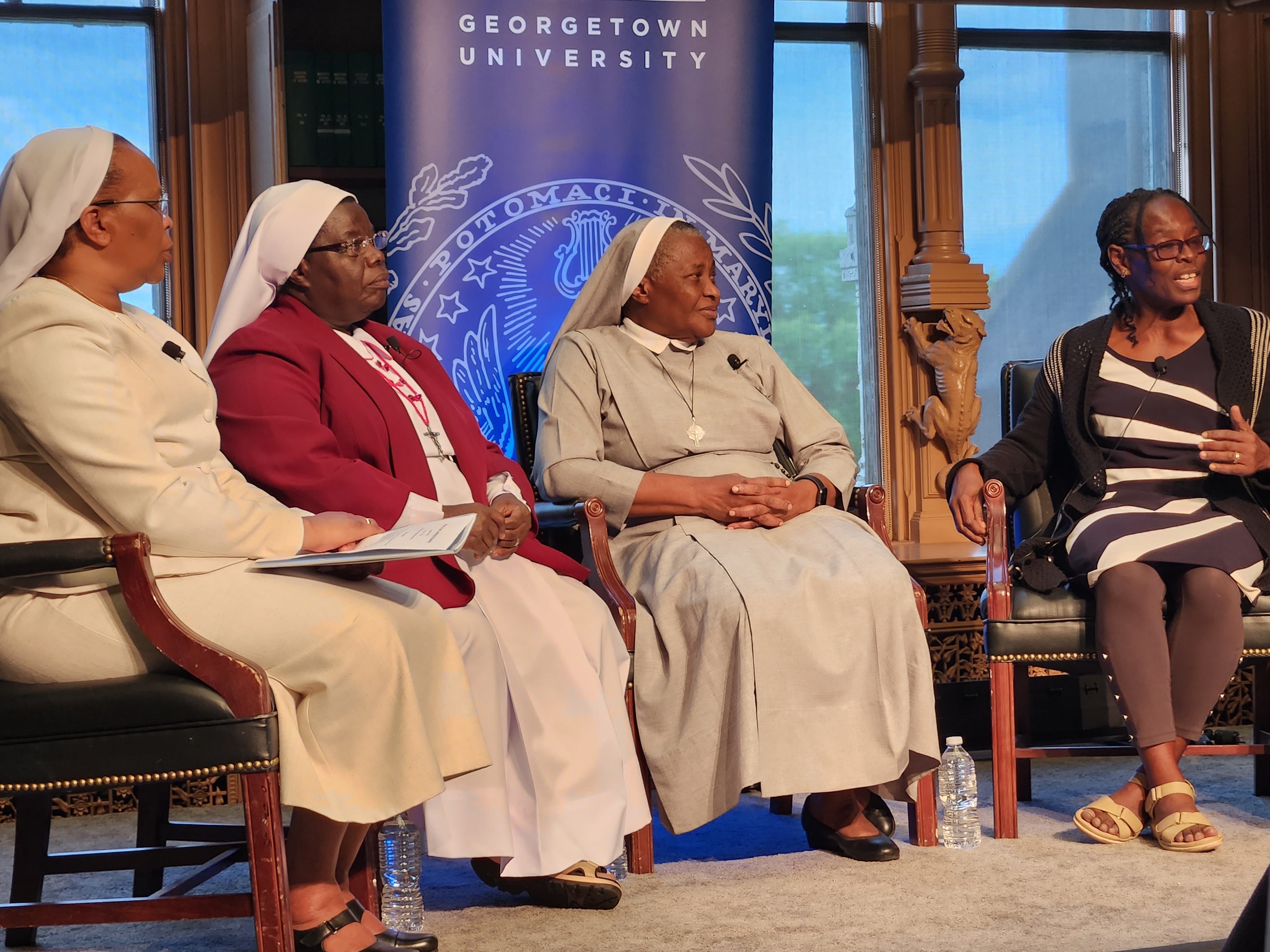 Sr. Josephine Apiagyei, far right, speaks at an April 25 forum at Georgetown University in Washington. The panel also included, from left: Sr. Jane Wakahiu, moderator; Sr. Rosemary Nyirumbe; and Sr. Francisca Ngozi Uti.