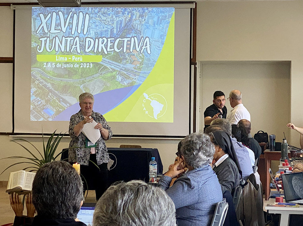 St. Joseph Sr. Carol Zinn, executive director of the Leadership Conference of Women Religious, speaks to the board meeting of the Confederation of Latin American and Caribbean Religious in Lima, Peru, June 2. (GSR photo/Rhina Guidos)