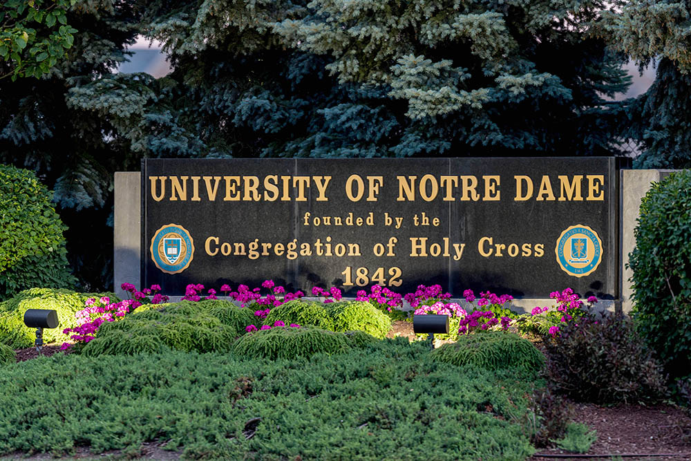 A 2017 photo shows the sign at the Douglas Road entrance to the University of Notre Dame in Indiana. (OSV News/University of Notre Dame/Matt Cashore)