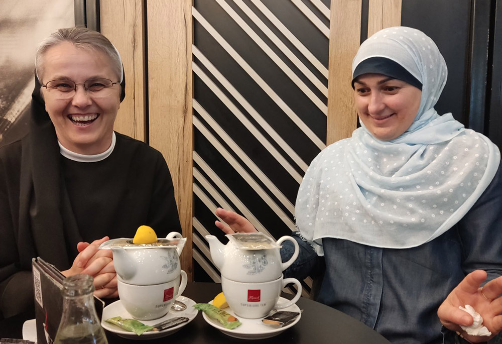 Sr. Iva Klarić, left, a Croatian teacher of religion and a member of the School Franciscan Sisters of Christ the King, Bosnian-Croatian Province, who has resided in Jajce for 15 years and Muslim elementary teacher Almina Sulejmanović, from the city of Fojnica, during a “peace gathering” of Catholic and Muslim students in Sarajevo, the capital of Bosnia and Herzegovina. (Courtesy of Sr. Iva Klarić)