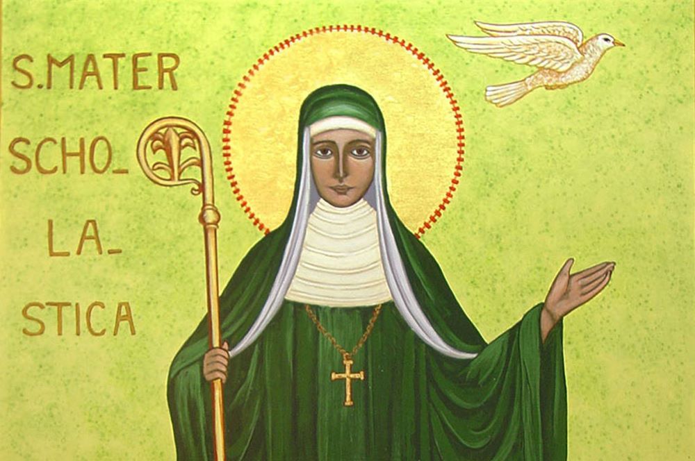 Este ícono, realizado por la hermana benedictina Paula Howard, se inspiró en un mural del Monasterio de Mount St. Scholastica en Atchison, Kansas. La fiesta de santa Escolástica se celebra el 10 de febrero. (Foto: cortesía Hermanas Benedictinas de Mount St. Scholastica) 