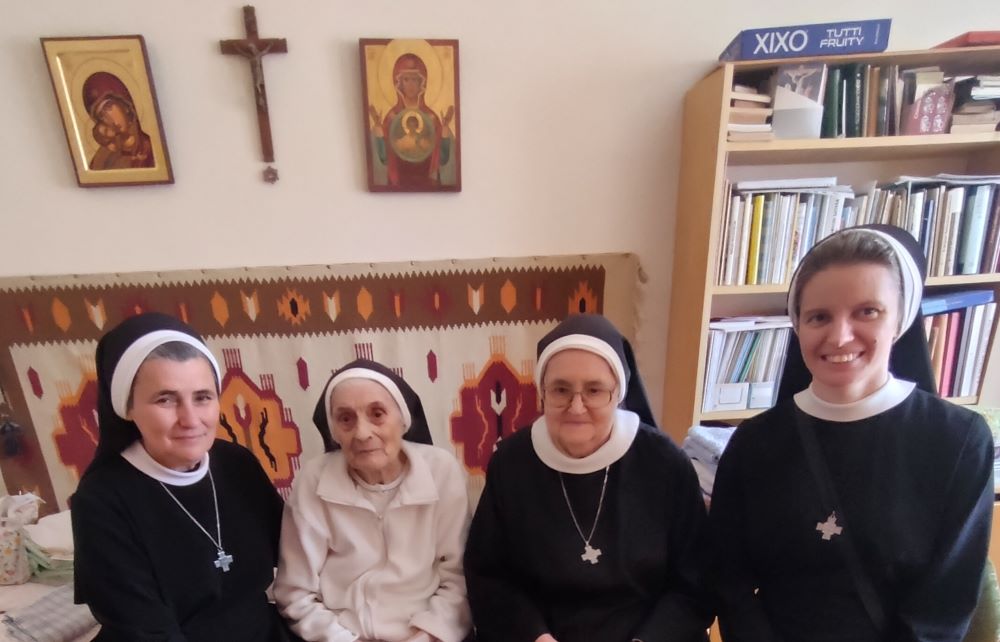 In 2023, Sr. Emanujila Vishka, far right, visited the Basilian Hungarian community in Mariapocs for the first time. There she met Sr. Imre Margit Agota, second from left, then 91, in person.