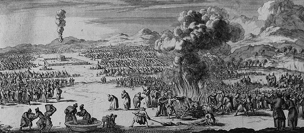 Purification by the red heifer (Numbers 19:1-10), depicted in a print from the Phillip Medhurst Collection of Bible illustrations (Wikimedia Commons/Philip De Vere, CC BY-SA 3.0)
