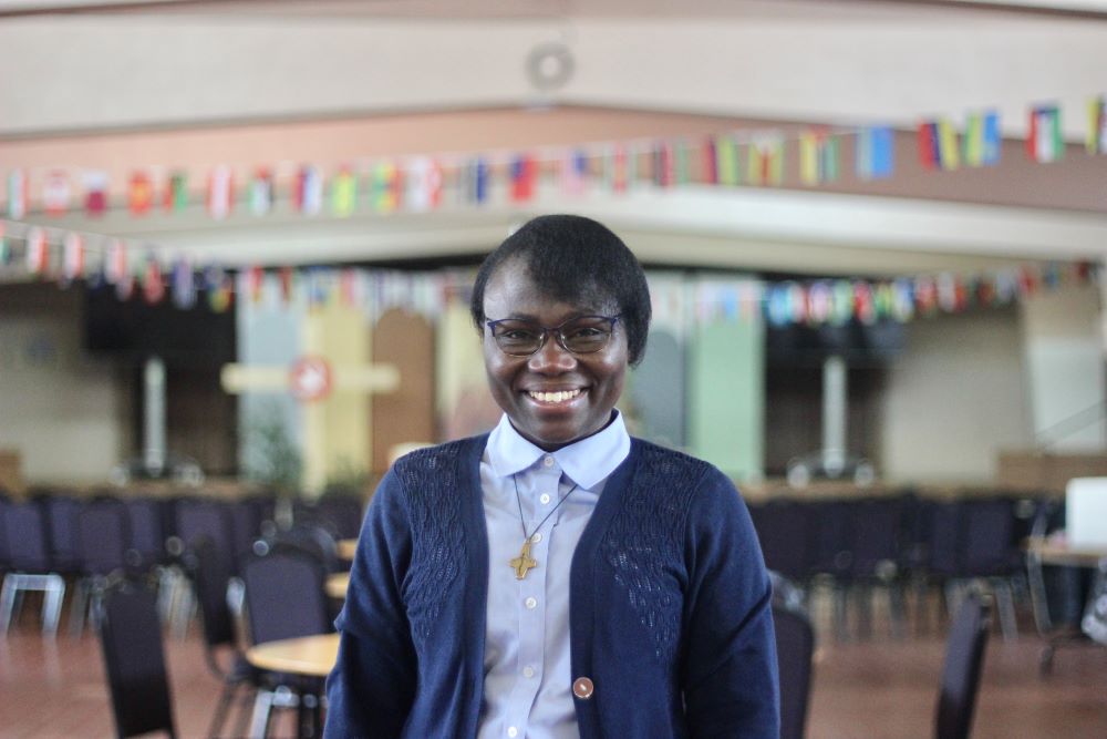 Sr. Joséphine Kimbolo stands in the basement of her parish, St. Antoine-Marie Claret in Montreal, Canada, where she leads catechesis lessons on Sundays.