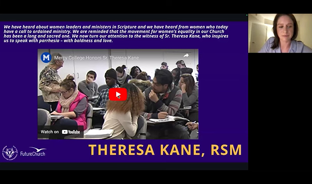 Kate McElwee, executive director of Women's Ordination Conference, leads a June 3 online prayer service hosted by FutureChurch and the Women's Ordination Conference. (NCR screenshot/YouTube)