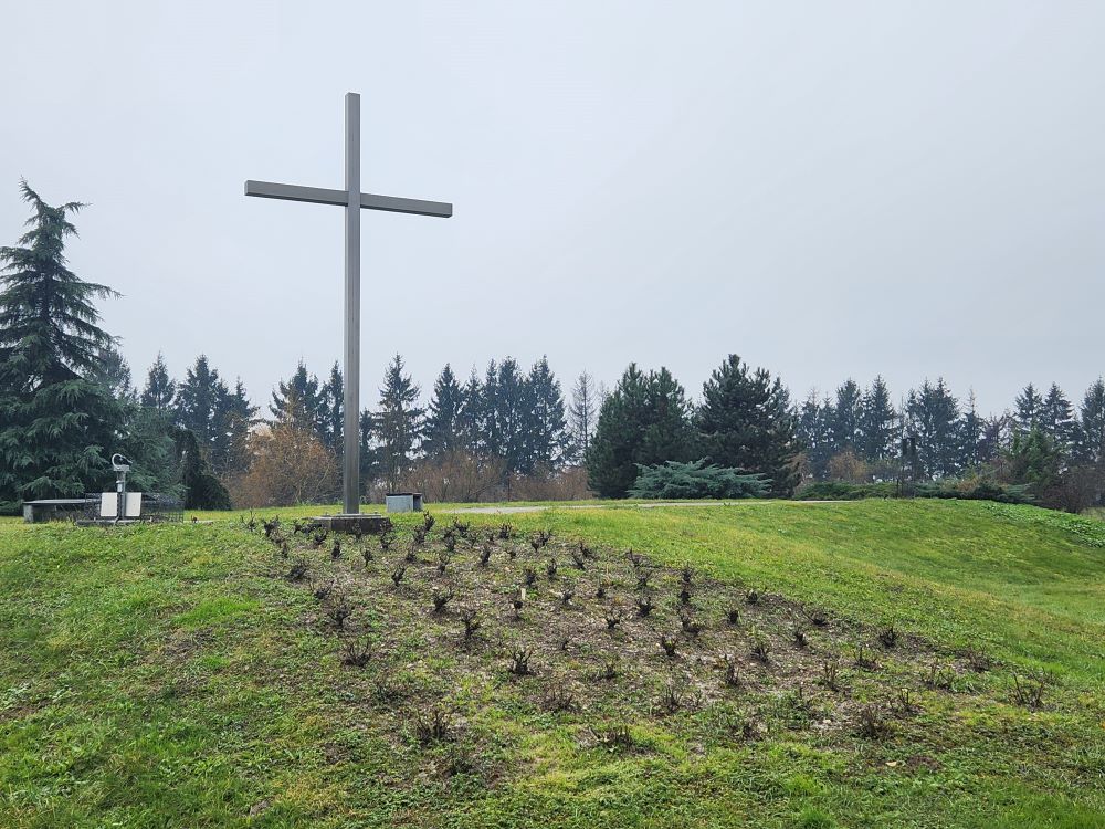 A garden and cross stand on the grounds of the St. Joseph's Home for Children, outside the Croatian capital of Zagreb.