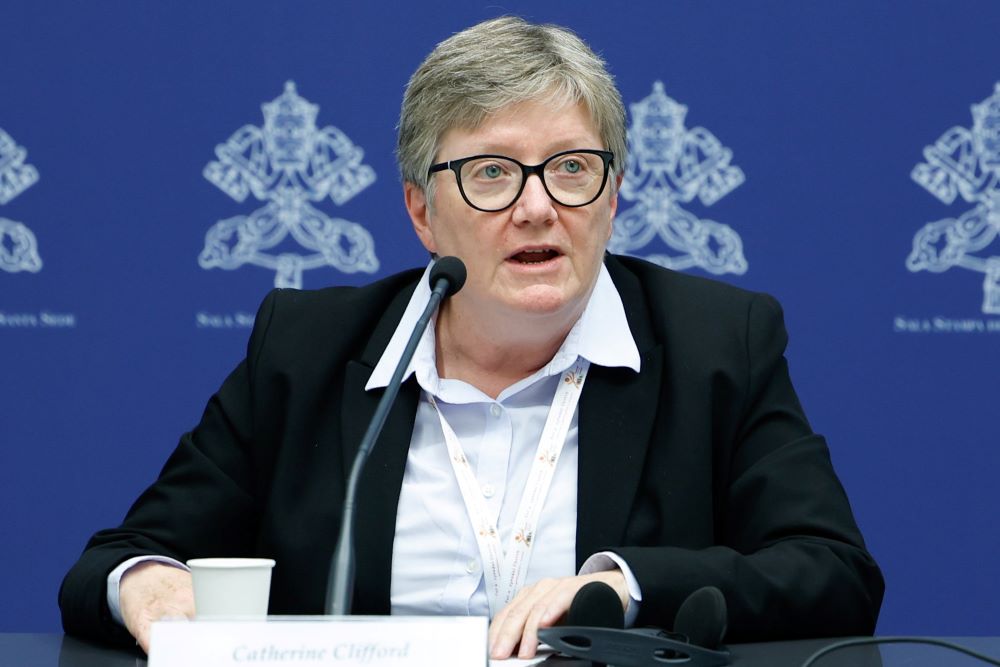 Catherine Clifford, professor of theology at St. Paul University in Ottawa, speaks during a briefing about the assembly of the Synod of Bishops at the Vatican Oct. 26, 2023. (CNS/Lola Gomez) Catherine Clifford, professor of theology at St. Paul University in Ottawa, speaks during a briefing about the assembly of the Synod of Bishops at the Vatican Oct. 26, 2023. (CNS/Lola Gomez)