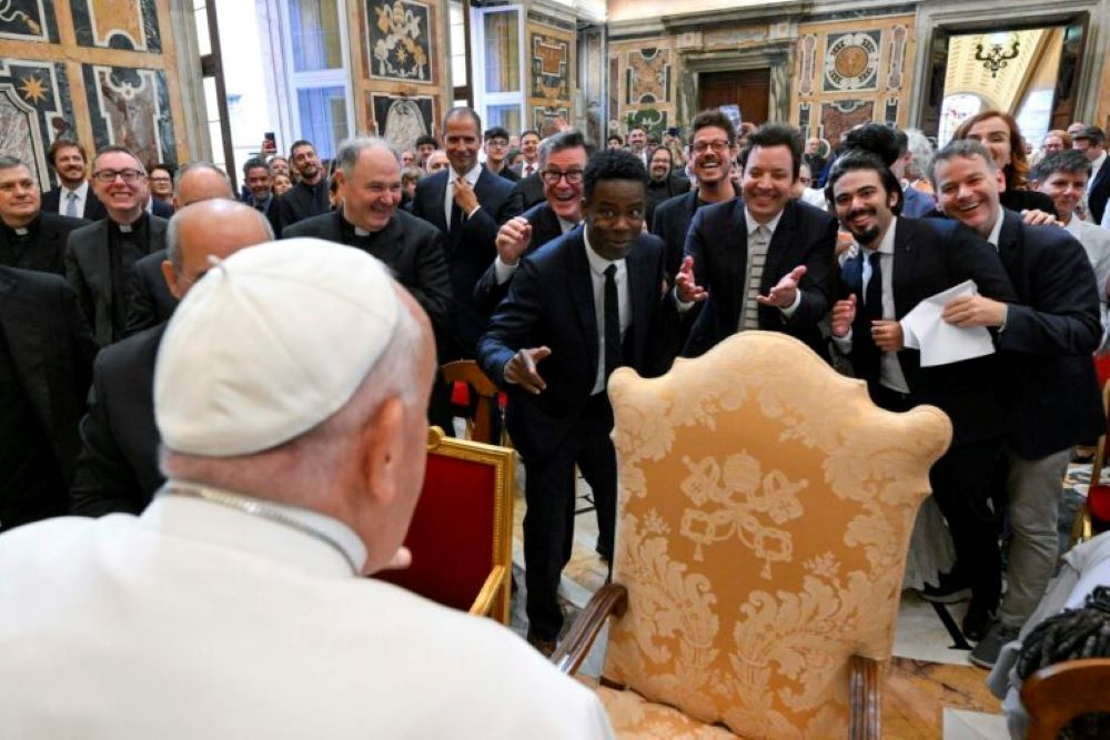 Pope Francis meets with comedians at the Apostolic Palace on June 14 in Vatican City.