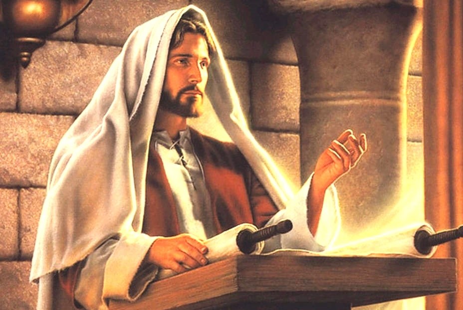 Jesús en la sinagoga de Nazaret desenrrolla un libro. (Foto Religión Digital, tomada de: bibliaycomunicacion.wordpress.com; editada por GSR)