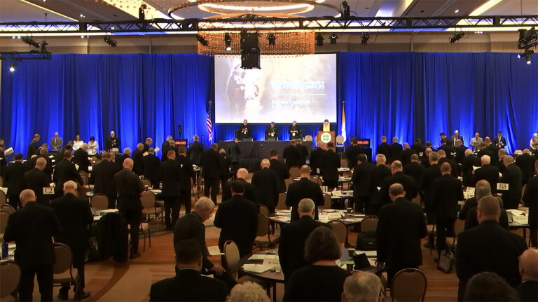 USCCB Spring Plenary Meeting 2024 Bishops assemble in front of screen