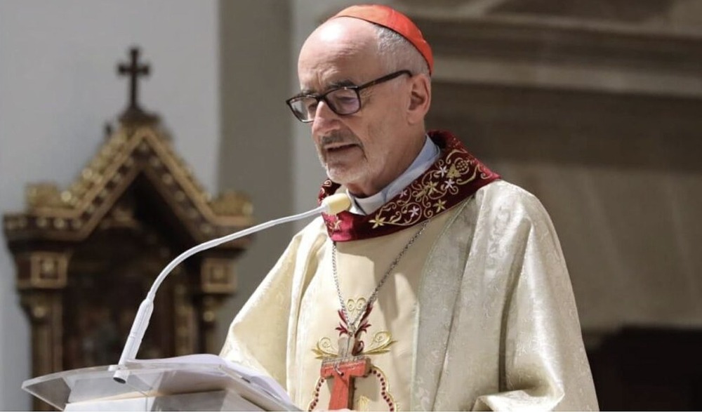 Cardinal Michael Czerny, prefect for the Dicastery for Promoting Integral Human Development, at the 10th Meeting of Bishops and Migration Pastoral Agents of North American, Central American, and the Caribbean; Aug. 20, 2024, Panama City. Czerny, vested for Mass, speaks from lectern.
