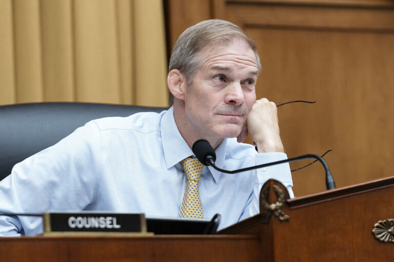 Rep. Jim Jordan, R-Ohio, Washington D.C, June 13, 2024. Jordan sits, head on fist, listening.