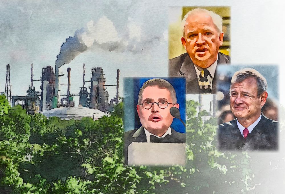 Graphic shows Leonard Leo, John Eastman and John Roberts against background of power plant and smog. Graphic shows Leonard Leo, John Eastman and John Roberts against background of power plant and smog.