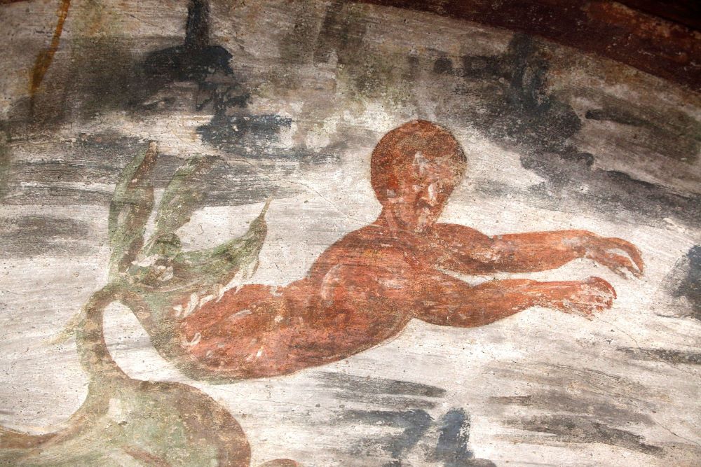 Jonah, the Old Testament prophet, is spit out of the whale in this fresco seen during the unveiling of two newly restored burial chambers in the Christian catacombs of St. Domitilla in Rome May 30, 2017. (CNS/Carol Glatz) Jonah, the Old Testament prophet, is spit out of the whale in this fresco seen during the unveiling of two newly restored burial chambers in the Christian catacombs of St. Domitilla in Rome May 30, 2017. (CNS/Carol Glatz)