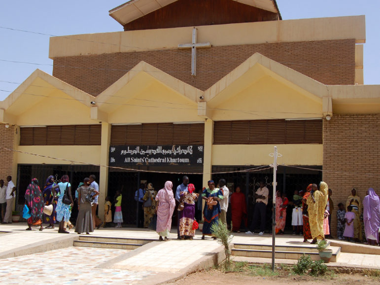 All Saints Cathedral, Khartoum, Sudan, Marcy 29, 2008. Exterior of cathedral with people out front.