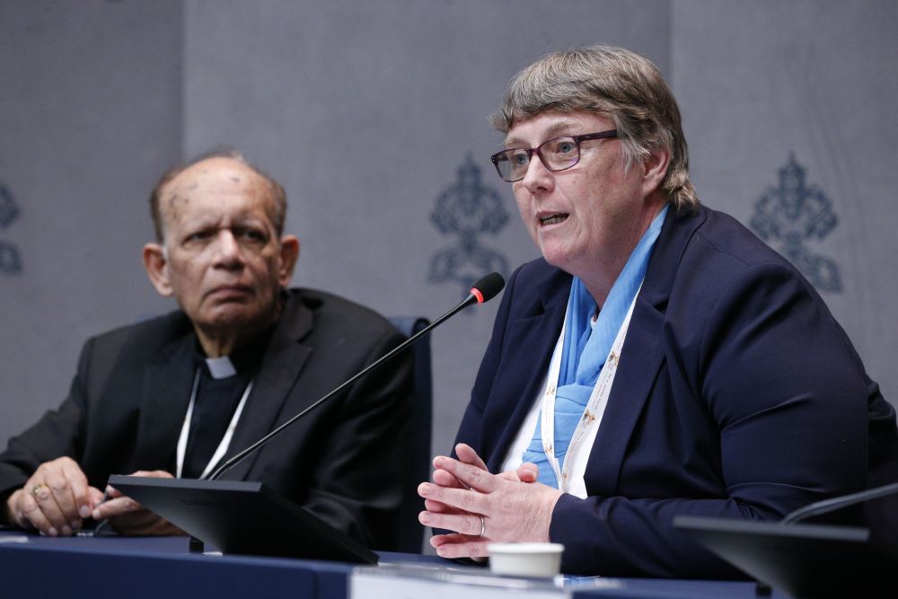 Sr. Mary Teresa Barron speaks during a news conference on the Synod of Bishops on synodality at the Vatican Oct. 7. Sr. Mary Teresa Barron speaks during a news conference on the Synod of Bishops on synodality at the Vatican Oct. 7.