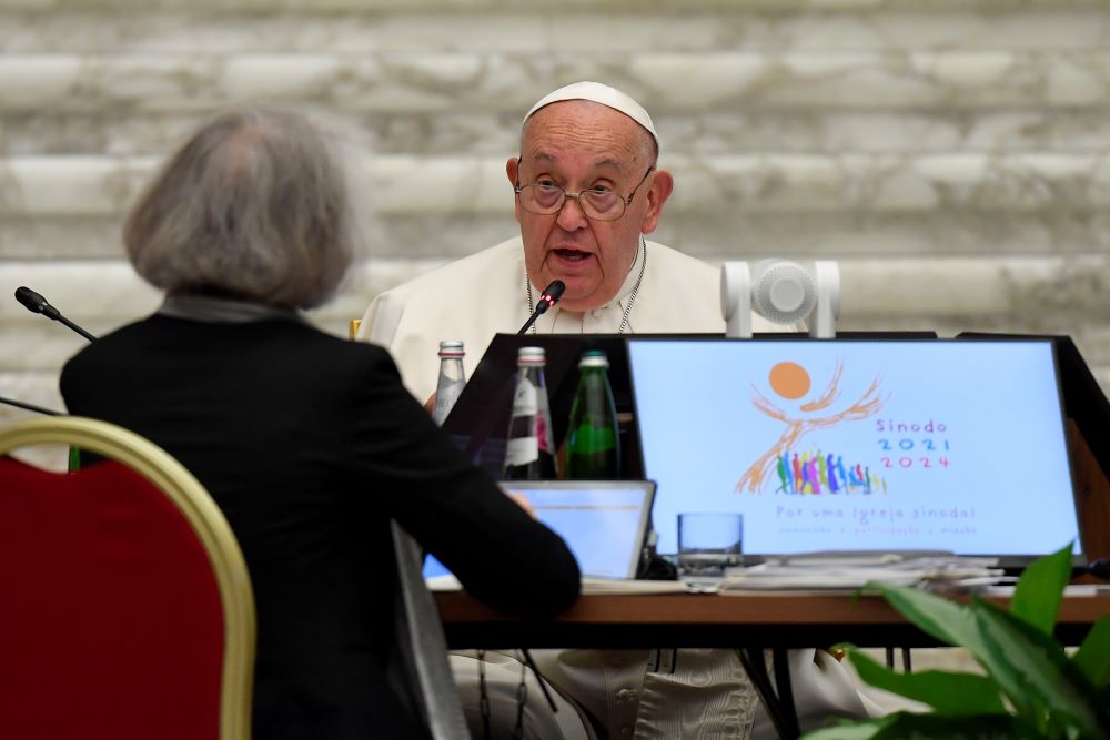 Pope Francis speaks to members of the Synod of Bishops on synodality after they approved their final document Oct. 26 in the Paul VI Audience Hall at the Vatican. (CNS/Vatican Media) Pope Francis speaks to members of the Synod of Bishops on synodality after they approved their final document Oct. 26 in the Paul VI Audience Hall at the Vatican. (CNS/Vatican Media)