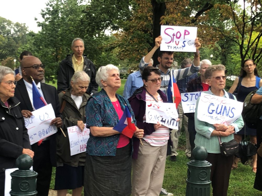 Advocates from sister congregations and peace groups concerned about arms trafficking into Haiti gather outside U.S. Senate office buildings Sept. 27. Advocates from sister congregations and peace groups concerned about arms trafficking into Haiti gather outside U.S. Senate office buildings Sept. 27.