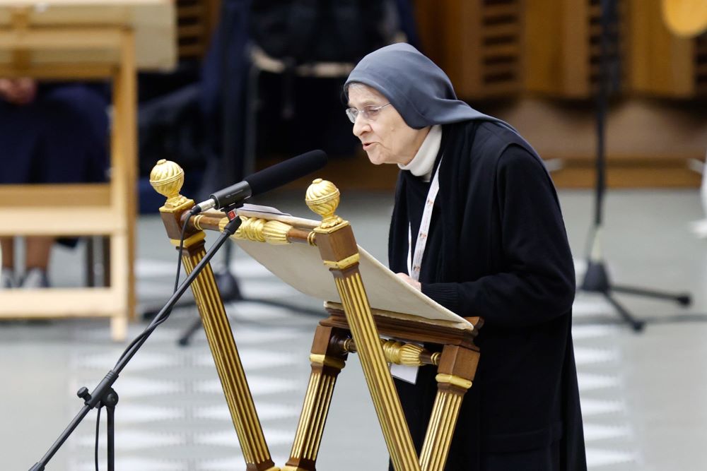 Benedictine Mother Maria Ignazia Angelini, a theologian, speaks during the morning session in the Paul VI Audience Hall at the Vatican Oct. 15. (CNS/Lola Gomez) Benedictine Mother Maria Ignazia Angelini, a theologian, speaks during the morning session in the Paul VI Audience Hall at the Vatican Oct. 15. (CNS/Lola Gomez)