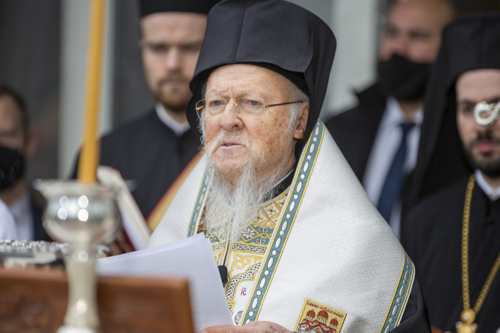 Ecumenical Patriarch Bartholomew, St. Nicholas Greek Orthodox Church, New York, N.Y., Nov. 2, 2021. Patriarch in vestments standing at lectern reading from written speech.