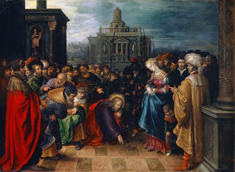 Painting: "Christ and the woman taken in adultery" (1612) by Frans Francken the Younger (Artvee)