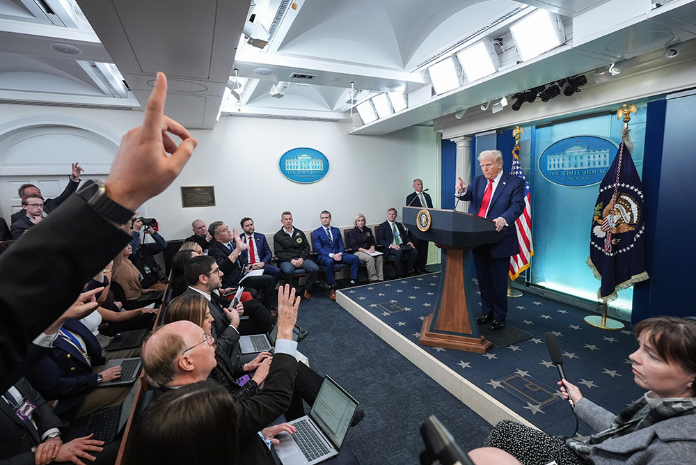 President Donald Trump speaks with reporters in the James Brady Press Briefing Room at the White House Jan. 30, 2025, in Washington. (AP/Jacquelyn Martin)