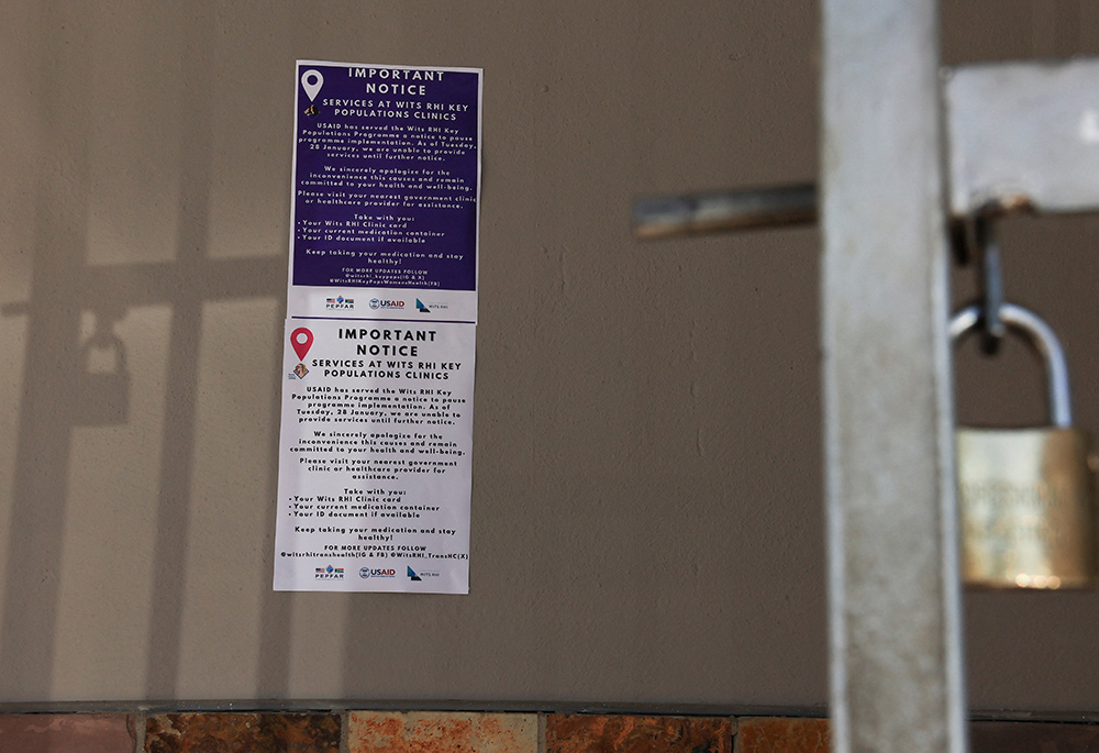 A notice outside a clinic Jan. 28, 2025, states that Wits RHI Key Population Program in Cape Town, South Africa, is unable to provide services until further notice following a USAID notification to pause the program. As the U.S. paused foreign assistance to countries across the world, confusion and desperation has gripped many organizations that benefit from the funds, including church-based groups. (OSV News/Reuters/Esa Alexander)
