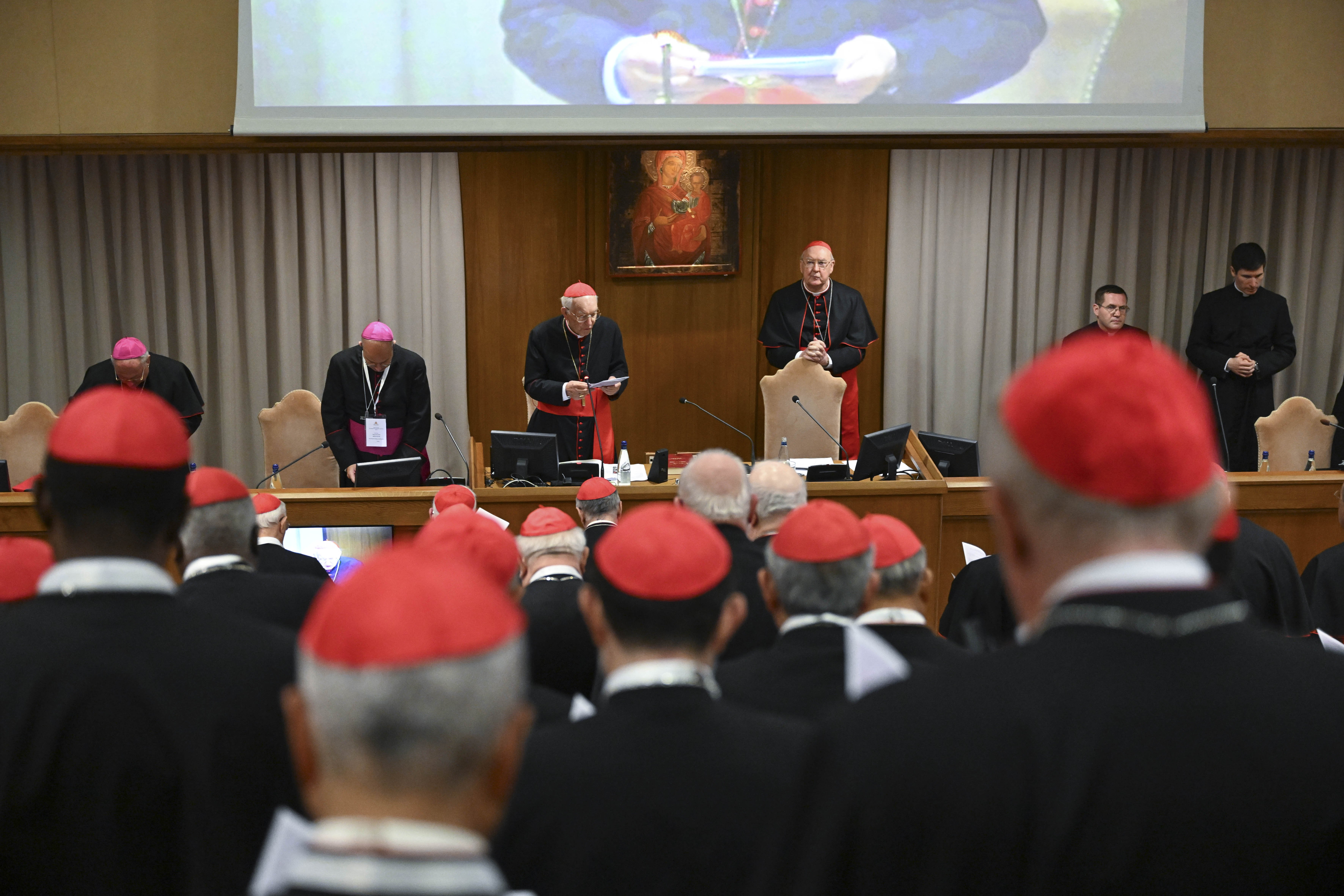 Cardinal Giovanni Battists Re, dean of the College of Cardinals, leads the fifth general congregation meeting of cardinals in the New Synod Hall at the Vatican April 28, 2025. (CNS/Vatican Media)
