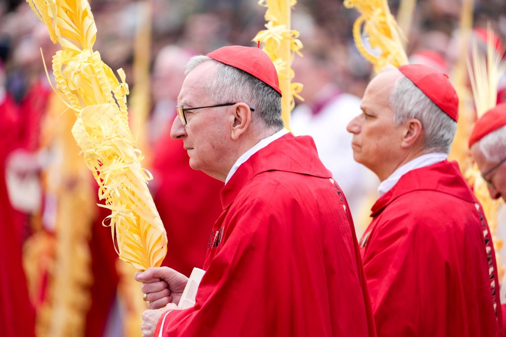 Cardinal Pietro Parolin, Vatican secretary of state, holds woven palm branches.