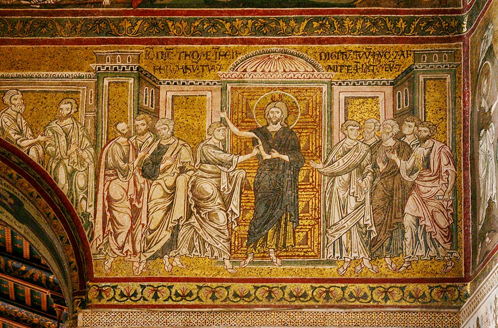 A mosaic at the Cathedral of Monreale, Italy, depicts the resurrected Christ appearing to the apostles. (Wikimedia Commons/José Luiz Bernardes Ribeiro/CC BY-SA 4.0)