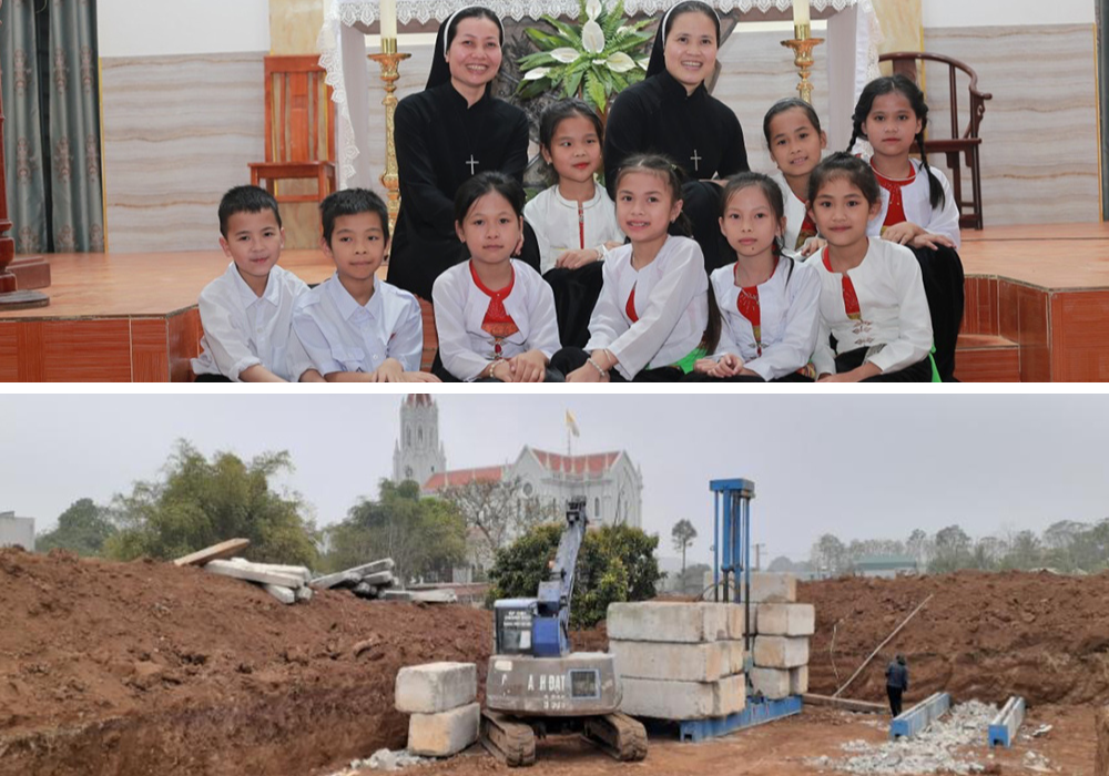 At top, Sr. Ngan Nguyen, left, and Sr. Mung Nguyen, right, with children at Muong Cat Church in August 2024; the bottom image shows construction of a girls’ dormitory by the Lovers of the Holy Cross on March 10 in the Lac Son district of Hoa Binh province of Hanoi, Vietnam. (Top photo courtesy of Sr. Mung Nguyen; bottom photo by Mung Nguyen)