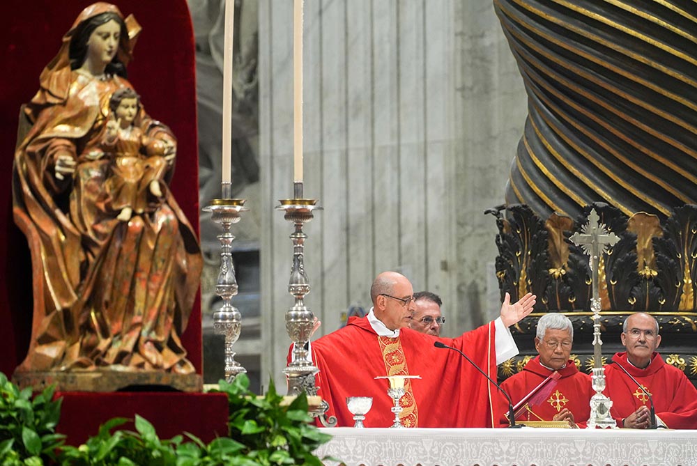Cardinal Víctor Manuel Fernández, former prefect of the Dicastery for the Doctrine of the Faith, celebrates Mass on the sixth day of the "novendiali," nine days of mourning for Pope Francis, at the Altar of the Confession in St. Peter's Basilica at the Vatican May 1, 2025. (CNS/Lola Gomez)